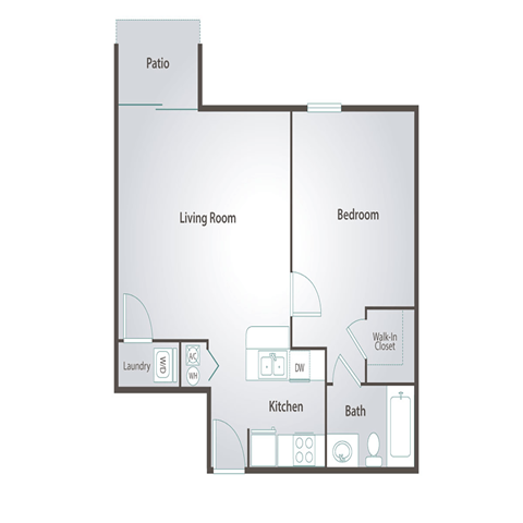 Floor plan for 1 bed, 1 bath, 726 sqft
